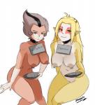 5_fingers blonde_hair breasts brown_body brown_eyes brown_fur brown_hair choker collar duo female fingers fur hair jewelry long_hair looking_at_viewer navel necklace nipple_piercing nipples nude piercing plate pupils short_hair simple_background slit_pupils white_background yellow_body yellow_fur inuyuru thundercats thundercats_2011 cheetara wilykit animal_humanoid cat_humanoid cheetah felid felid_humanoid feline feline_humanoid humanoid mammal mammal_humanoid 2018 hi_res