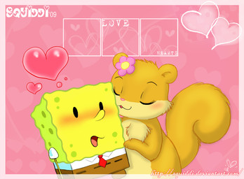 anthro blush clothed clothing duo embarrassed eye_through_hair female flower hair kissing male open_mouth plant tail text translucent translucent_hair stepanda nickelodeon spongebob_squarepants sandy_cheeks spongebob_squarepants_(character) eastern_grey_squirrel grey_squirrel mammal rodent sciurid tree_squirrel 2009 english_text signature