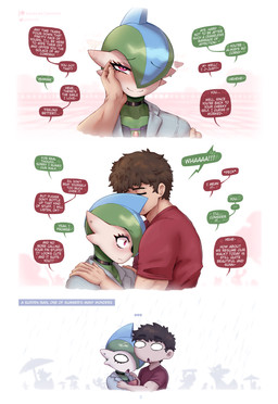 5_fingers blush brown_hair caressing_cheek choker clothed clothing dialogue duo ellipsis eyebrows eyelashes femboy fingers hair hand_on_shoulder jewelry linked_speech_bubble male markings mole_(marking) mole_under_mouth necklace open_mouth raining smile speech_bubble text tilde_after_text gammainks nintendo pokemon finn_(gammainks) roy_(gammainks) gallade generation_4_pokemon human humanoid mammal pokemon_(species) 2025 absurd_res artist_name comic digital_media_(artwork) english_text hi_res