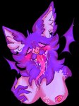 anthro blush bodily_fluids breast_grab breasts drooling ear_piercing ear_ring fangs female fur hand_on_breast long_tongue nipple_piercing nipples piercing purple_body purple_fur ring_piercing saliva solo spiral_eyes teeth tongue vira_(lust_mutt) lust_mutt bat mammal bust_portrait hi_res portrait