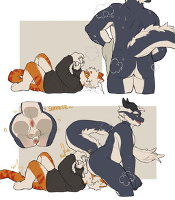 anthro anus balls butt clothing duo facesitting fur genitals hair horn humanoid_genitalia humanoid_penis male male/male orange_body orange_fur penis penis_backwards penis_tuck sitting_on_another sound_effects tail topwear towel white_body white_fur white_hair milkybot mythology hu_ku_li_(milkybot) yay_(milkybot) domestic_cat dragon felid feline felis mammal mythological_creature mythological_scalie scalie 2023 hi_res