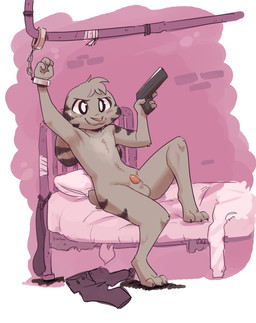 animal_genitalia anthro arm_tuft balls bed belly_tuft biped black_stripes blush blush_lines bodily_fluids bottomwear bound chest_tuft claws clothing cuff_(restraint) discarded_clothing ear_markings elbow_tuft facial_markings flaccid fur fur_markings furniture genitals grey_body grey_fur gun handcuffed handcuffs handgun head_markings head_tuft holding_gun holding_handgun holding_object holding_pistol holding_ranged_weapon holding_weapon inside knee_tuft leg_tuft looking_at_viewer male markings metal_cuffs necktie nude pants penis penis_tip pillow pink_penis pistol ranged_weapon reclining restraints scut_tail sheath shirt short_tail smile solo striped_body striped_fur stripes sweat sweatdrop tail toe_claws topwear trigger_discipline tuft weapon fuel_(artist) disney zootopia jack_savage lagomorph leporid mammal rabbit 2022 hi_res