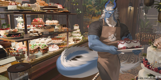 anthro apron black_clothing black_horn black_sclera black_shirt black_t-shirt black_topwear blue_body blue_horn brown_apron brown_clothing cake clothed clothing dessert food front_view glistening glistening_eyes grey_eyes hair horn male male_anthro mouth_closed muscular muscular_anthro muscular_male shirt solo standing t-shirt text topwear white_body white_hair awaldkize mythology dragon mythological_creature mythological_scalie scalie absurd_res english_text hi_res