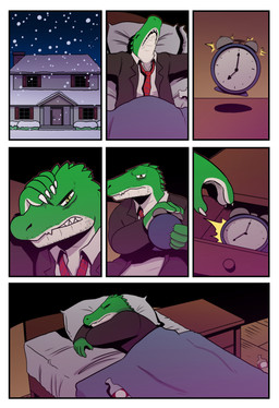 alarm_clock anthro base_three_layout bed blockage_(layout) border bottle business_suit clock clothing container drawer facial_hair furniture green_body hand_on_head horizontal_blockage hungover male multicolored_body seven_frame_image six_frame_grid sleeping snow solo suit three_row_layout two_tone_body white_body white_border yellow_eyes t0l0k cregon alligator alligatorid crocodile crocodilian reptile scalie absurd_res comic hi_res multiple_scenes