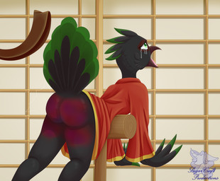 anthro belt belting bent_over bodily_fluids bruised bruised_butt butt butt_slap corporal_punishment crying dojo female jade_palace screaming slap solo spank_marks spank_marks_on_ass spanked_butt spanking tears sugarcraft_productions dreamworks kung_fu_panda avian bird galliform peafowl phasianid