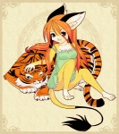 4_toes anthro barefoot black_markings claws clothed clothing dress duo feet female feral fur markings open_mouth orange_body orange_fur plantigrade sitting tail tail_tuft toes tuft yellow_eyes luna777 taratsu_(character) felid mammal moondog pantherine tiger