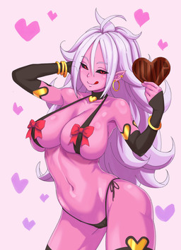 armwear black_sclera bracelet candy chocolate clothed clothing dessert ear_piercing female food hair heart_symbol holidays humanoid_pointy_ears jewelry licking licking_lips licking_own_lips long_hair looking_at_viewer navel not_furry piercing pink_body pink_skin pointy_ears red_eyes self_lick simple_background skimpy solo standing tongue tongue_out white_background white_hair デンエン dragon_ball dragon_ball_fighterz valentine's_day android_21 majin_android_21 alien alien_humanoid humanoid majin 2018 hi_res