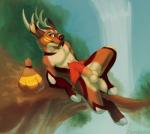 anthro antlers balls chest_tuft clothing erection fur genitals horn kerchief male nude outside penis plant red_eyes simple_background solo spread_legs spreading treasure tree tuft zambuka deer mammal 2016 digital_media_(artwork)