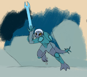 anthro armor blue_body female markings solo spots spotted_body tail weapon yellow_eyes toasterlamb teenage_mutant_ninja_turtles teenage_mutant_ninja_turtles_(2012) mona_lisa_(tmnt) mona_lisa_(tmnt_2012) amphibian humanoid salamandrian scalie absurd_res hi_res