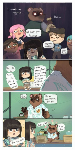 aloha_shirt anthro black_hair blouse blue_eyes bob_cut bodily_fluids bottomless bottomless_anthro bottomless_male bow_tie clock clothed clothing container cup dialogue female furniture glowing glowing_eyes green_eyes grey_eyes group hair inside jar male motion_lines mug nervous ominous overalls pattern_clothing pattern_shirt pattern_topwear plaid plaid_clothing plaid_shirt plaid_topwear relieved shirt simple_background speech_bubble sweater sweater_vest table tea_kettle tears text topwear turning_around vest unknown_artist animal_crossing nintendo tom_nook_(animal_crossing) villager_(animal_crossing) canid canine human mammal raccoon_dog comic english_text hi_res