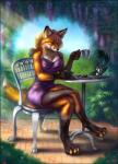 ambiguous_gender anthro brown_body brown_fur chair clothing container cup detailed_background dress duo female fur furniture paws sitting solo_focus table red-izak reyna_(reynafox) avian bird canid canine corvid eurasian_magpie fox holarctic_magpie magpie_(corvid) mammal oscine passerine red_fox true_fox 2017 digital_media_(artwork)