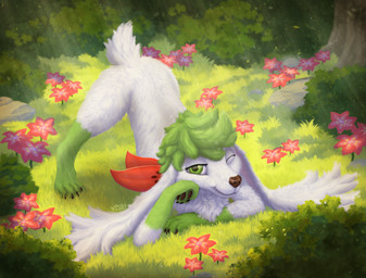 ambiguous_gender ass_up bedroom_eyes feral flower forest forest_background fur gracidea_flower grass green_eyes green_mane half-closed_eyes looking_at_viewer mane narrowed_eyes nature nature_background one_eye_closed paws plant seductive smile solo tail tree white_body white_fur wink winking_at_viewer vm94 nintendo pokemon generation_4_pokemon legendary_pokemon pokemon_(species) shaymin sky_forme_shaymin 2026 absurd_res digital_media_(artwork) digital_painting_(artwork) hi_res painting_(artwork)