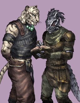 anthro blue_eyes duo male tail tomato_(artist) bethesda_game_studios microsoft the_elder_scrolls the_elder_scrolls_online sharp-as-night zerith-var argonian felid khajiit lizard mammal pantherine reptile scalie tiger