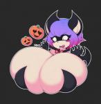 anthro big_breasts black_background blush breasts bulging_breasts cape claws cleavage clothed clothing costume female food fruit hair heart_eyes heart_symbol holidays huge_breasts hyper hyper_breasts plant pumpkin purple_hair simple_background skimpy solo surprise smokyjai halloween dracula nicky_vicious bat mammal 2017 digital_media_(artwork)