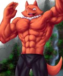 anthro biceps big_muscles black_bottomwear black_clothing black_pants bottomwear bulge clothed clothing guardian male muscular muscular_anthro muscular_male orange_body pants pecs protector sharp_teeth solo spread_legs spreading teeth topless topless_anthro topless_male chibikoma cartoon_network steven_universe foxman canid canine fox mammal 2021 absurd_res digital_drawing_(artwork) digital_media_(artwork) hi_res