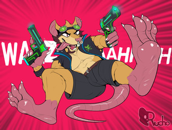 abs action_pose anthro armpit_hair battle_cry beard belt bodily_fluids body_hair bottomwear brown_hair buckteeth claws clothing dialogue ear_piercing eyewear facial_hair facial_piercing feet flying_kick foot_focus foreshortening fur goggles gun hair handgun holding_object holding_weapon kick magenta_background male midair muscular muscular_anthro muscular_male narrowed_eyes nose_piercing nose_ring open_mouth open_smile pecs piercing pink_background pistol pose ranged_weapon rat_tail red_eyes ring_piercing saliva saliva_string sharp_teeth shorts simple_background sleeveless_shirt smile soles solo spread_legs spreading tail teeth text toes tongue tongue_out torn_clothing weapon wristband yellow_body yellow_fur rucho alan_nezumi mammal murid murine rat rodent 2026 absurd_res hi_res signature