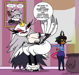 animal_genitalia anthro anus butt cloaca clothed clothing clothing_lift crouching disgust dominant dominant_female dress dress_lift duo employee feces female female/female genitals mooning panties panties_down partially_clothed presenting presenting_anus presenting_cloaca presenting_hindquarters smelly smelly_butt submissive submissive_female text toilet toilet_paper toilet_use underwear underwear_down wiping wiping_another wiping_butt loogerwoui hellaverse helluva_boss stella_(helluva_boss) avian bird demon imp owl owl_demon absurd_res english_text hi_res