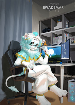 anthro chair claws clothed clothed_anthro clothed_male clothing computer_monitor eyewear fangs fur furniture glasses hair male male_anthro office_chair solo tail tail_tuft teeth toe_claws tuft wearing_glasses ewademar felid lion mammal pantherine hi_res