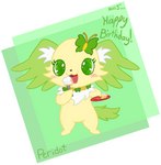 accessory anthro birthday butterfly_(accessory) cake dessert eating eating_cake eating_food female food fur green_body green_eyes green_fur hair_accessory hairclip happy neck_tuft semi-anthro solo tuft yellow_body yellow_fur masterlinkx jewelpet sanrio sega sega_fave peridot_(jewelpet) arthropod canid canine canis domestic_dog insect lepidopteran mammal papillon toy_dog absurd_res hi_res