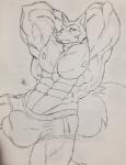 anthro beastars big_muscles bottomwear bulge canid canine canis clothed clothing conditional_dnp dischimera legoshi_(beastars) male mammal muscular muscular_anthro muscular_male nipples shorts solo topless wolf