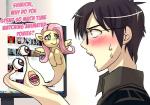 blush bodily_fluids clothed clothing computer duo electronics eyewear female glasses hair long_hair male open_mouth pink_hair sweat text bakki friendship_is_magic hasbro my_little_pony parasyte_(series) fluttershy_(mlp) izumi_shinichi migi_(parasyte) human mammal parasyte english_text