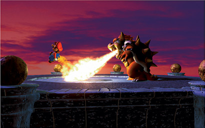 anthro armband bracelet burning butt_on_fire duo fire hair horn jewelry male pain red_hair shell spiked_shell spikes spikes_(anatomy) mario_bros nintendo super_mario_64 bowser mario human koopa mammal reptile scalie 1996 3d_(artwork) digital_media_(artwork) official_art