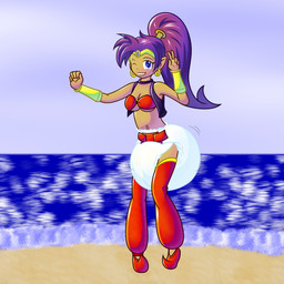 accessory bandeau beach bedlah big_diaper blue_eyes bracelet butt clothed clothing diaper ear_piercing ear_ring exposed_diaper female gesture hair hair_accessory hair_tie hand_gesture jewelry legwear ninosatori not_furry one_eye_closed open_mouth pantaloons piercing pointy_ears pointy_shoes purple_hair ring_piercing sea shaking_butt skimpy solo stockings topwear v_sign water wink shantae_(series) wayforward shantae half_genie 1:1 hi_res