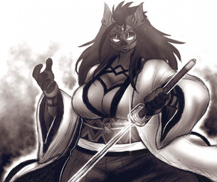 anthro asian_clothing big_breasts bottomwear breasts cleavage clothed clothing ear_piercing east_asian_clothing eyeshadow female glowing glowing_eyes hair hakama holding_katana holding_melee_weapon holding_object holding_sword holding_weapon japanese_clothing katana long_hair makeup melee_weapon open_mouth overweight overweight_anthro overweight_female piercing solo sword tusks weapon wide_sleeves itzjaylock mammal suid suine sus_(pig) wild_boar greyscale hi_res monochrome