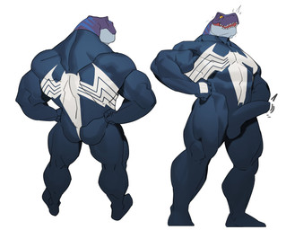 anthro blue_stripes bodysuit butt clothed clothed_anthro clothed_male clothing condom_suit genitals male multicolored_body muscular muscular_anthro muscular_male penis purple_body simple_background skinsuit solo stripes tight_clothing two_tone_body white_background cxcxxcxxxx marvel venom_(marvel) dinosaur prehistoric_species reptile scalie 2026 absurd_res hi_res