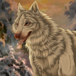 ambiguous_gender cheek_tuft facial_tuft fangs feral fur glistening glistening_eyes neck_tuft open_mouth pink_tongue solo teeth text tongue tongue_out tuft white_body white_eyes white_fur msdeadsoul canid canine mammal 1:1 2023 artist_name dated hi_res