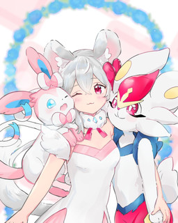 abstract_background ambiguous_gender anthro blue_eyes blush blush_lines bow_(anatomy) breasts eyebrow_through_hair eyebrows eyelashes fangs female feral fur grey_body grey_fur grey_hair group hair hand_holding inner_ear_fluff one_eye_closed open_mouth paws pink_body pink_eyes pink_fur red_eyes ribbons_(anatomy) size_difference tail teeth translucent translucent_hair trio tuft white_body white_fur maaomei nintendo pokemon animal_humanoid chinchilla chinchilla_humanoid chinchillid cinderace eeveelution generation_6_pokemon generation_8_pokemon humanoid lagomorph mammal mammal_humanoid pokemon_(species) rodent rodent_humanoid sylveon 2025 4:5 hi_res signature
