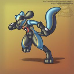 3_toes anthro bound clothing digitigrade encasement feet female full_body_suit glistening glistening_body gradient_background latex latex_body latex_clothing latex_skinsuit long_tail mitten_hands null_face on_one_leg one_foot_raised paws pokemorph running shadow short_ears simple_background skinsuit solo standing tail text tight_clothing toes posexe nintendo pokemon generation_4_pokemon libredrone living_latex pokemon_(species) riolu 1:1 2021 colored hi_res shaded url watermark