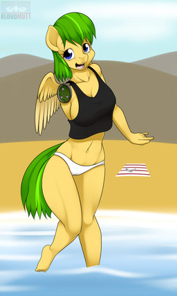 amputee anthro beach biped blue_eyes breasts cleavage clothed clothing cybernetics detailed_background disability feathered_wings feathers feet female green_hair hair hindpaw looking_at_viewer machine missing_arm mountain navel open_mouth outside panties paws sand seaside shirt side_boob sky smile solo standing tail thick_thighs topwear underwear water wide_hips wings yellow_body yellow_feathers yellow_skin kloudmutt hasbro my_little_pony mythology gold_star_(yemto) cyborg equid equine mammal mythological_creature mythological_equine pegasus 2013 3:5 digital_media_(artwork) hi_res