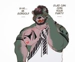 anthro blush brown_hair fur green_body green_fur hair male muscular muscular_anthro muscular_male nipples pecs solo tattoo text monochrome_kg crave_saga gordolf_(crave_saga) bear mammal english_text hi_res