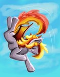 backflip eyes_closed feral flying grey_body hair orange_hair outside sky solo gyrotech hasbro my_little_pony bat_pony equid mammal full-length_portrait hi_res portrait