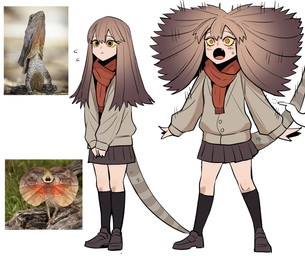 bottomwear clothed clothing comparison creature_and_personification female footwear hair orange_eyes photo_reference scarf shoes simple_background skirt socks solo tail tongue white_background gegegekman lizard reptile scalie 2023 hi_res reference_image