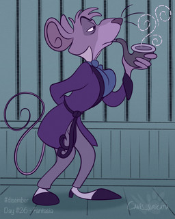 anthro ascot belt bottomwear clothing footwear fur male mouth_closed narrowed_eyes pants raised_tail robe shoes side_view smoke smoking_pipe solo tail text topwear atimon disney fantasia_2000 the_great_mouse_detective basil_(disney) mammal mouse murid murine rodent 2023 4:5 full-length_portrait hi_res portrait signature