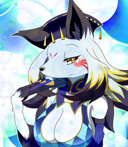 breasts brown_body brown_fur female fur furbook_heroes kemono solo white_body white_fur unknown_artist canid canine canis domestic_dog mammal character_request