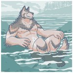 4_toes 5_fingers anthro athletic border feet fingers fur grey_body grey_fur grin male nipples nude plant plantigrade sea sitting sitting_in_water smile solo toes tree water white_border snarkysardine canid canine canis mammal wolf 1:1 2023 hi_res