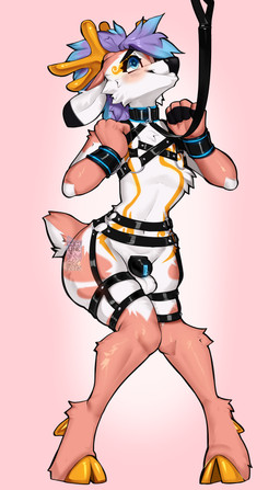 5_fingers anthro antlers balls biped black_chastity_cage blue_eyes blue_penis blush bodily_fluids chastity_cage chastity_device cloven_hooves femboy fingers front_view fur genital_fluids genitals gold_(metal) gold_hooves hair harness harness_only heart_eyes heart_symbol hooves horn leaking_precum leash looking_up male navel nude nude_anthro nude_male penis pink_body pink_fur pink_tail precum purple_hair simple_background small_waist smile solid_chastity_cage solo standing tail teeth thick_thighs unsupported_chastity_cage wearing_chastity_cage wearing_chastity_device white_body white_fur wide_hips yellow_horn cocoline_(artist) deer mammal 2025 absurd_res digital_drawing_(artwork) digital_media_(artwork) hi_res
