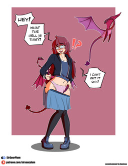 ambiguous_gender bottomwear bulge clothed clothing crossdressing crossdressing_male dialogue duo eyewear feral footwear glasses hair hoodie male membrane_(anatomy) membranous_wings not_furry open_mouth pink_hair red_hair shirt shoes simple_background skirt spade_tail standing tail text topwear transformation underwear wings sirsourplum human mammal 2025 absurd_res digital_media_(artwork) english_text hi_res url