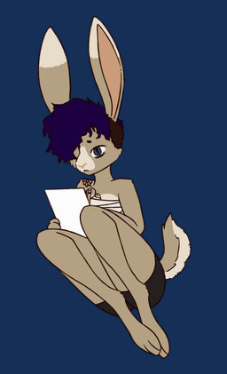 ambiguous_gender animated_gif anthro bandage blinking bottomwear clothed clothing drawing_(action) feet fur hair long_ears long_legs paper pencil_(object) shorts simple_background solo tail tail_motion tailwag tattoo transparent_background m1lkb4rk hare lagomorph leporid mammal 2d_animation alpha_channel animated digital_media_(artwork) hi_res short_playtime nonbinary_(lore)