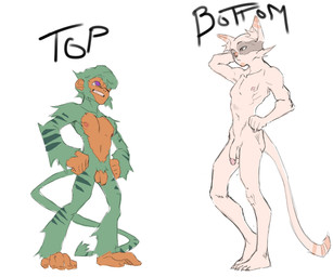 5_toes anthro balls duo feet genitals green_body humanoid_feet male penis penis_size_difference plantigrade prehensile_feet simple_background standing toes white_background ogebakashi beastly_crimes beastly_crimes_(2024) badgercat domestic_cat felid feline felis haplorhine mammal monkey primate 2025 hi_res