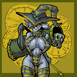 anthro areola areola_slip arms_bent big_breasts blue_clothing bone breasts clothed clothing eyelashes eyewear female front_view glasses glistening glistening_breasts glistening_thighs grey_areola grey_body grey_hair hair hat headgear headwear holding_object holding_wand holding_weapon legwear leotard looking_at_viewer magic_wand medium_hair multicolored_clothing multicolored_legwear multicolored_thigh_highs narrowed_eyes navel nipple_outline one_eye_obstructed pattern_clothing pattern_hat pattern_headgear pattern_headwear pattern_legwear pattern_thigh_highs pupils ranged_weapon simple_background skeleton skimpy smile smiling_at_viewer smug_face solo striped_clothing striped_hat striped_headgear striped_headwear striped_legwear striped_thigh_highs stripes thigh_gap thigh_highs two_tone_clothing two_tone_legwear two_tone_thigh_highs wand weapon wearing_glasses wheel wide_hips witch_hat yellow_background yellow_clothing zhmernalt steamfalish_witch 1:1 2024 digital_drawing_(artwork) digital_media_(artwork) hi_res portrait three-quarter_portrait