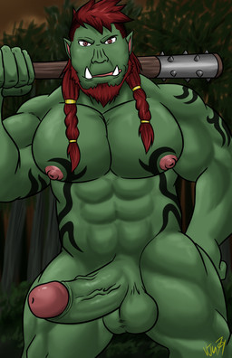 erection forest male muscular muscular_male nipples plant solo tattoo tree vju79 humanoid orc absurd_res hi_res