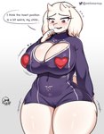 ambiguous_gender anthro big_breasts blush breasts camel_toe cleavage clothed clothing duo ellipsis female floppy_ears horn huge_breasts huge_hips huge_thighs pasties red_eyes robe solo_focus speech_bubble text thick_thighs white_body wide_hipped_female wide_hips startop undertale undertale_(series) frisk_(undertale) toriel boss_monster_(undertale) bovid caprine goat human mammal english_text hi_res