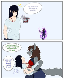 anthro bra_strap clothing comic_panel dialogue female female/female female_anthro human_on_anthro interspecies ripping_clothing text bra_strap_showing_(meme) canid canine canis human mammal wolf absurd_res comic english_text hi_res meme