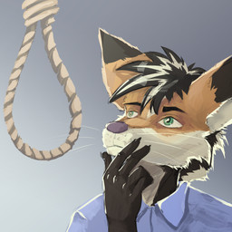 anthro clothing contemplating contemplative green_eyes humor imminent_death imminent_suicide male noose shirt_collar solo suicidal_ideation thinking thinking_pose dakkawoof dark_collective tom_fucks_a_retarded_child tom_(tom_fucks_a_retarded_child) canid canine fox hybrid mammal mephitid skunk 1:1 hi_res meme