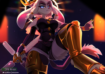 anthro antlers biped breasts clothed clothed_anthro clothed_female clothing feet female fingers front_view fur hair horn looking_at_viewer solo standing tail toes weapon skeleion pseudoregalia sybil_(pseudoregalia) jackalope lagomorph mammal 2026 digital_drawing_(artwork) digital_media_(artwork)