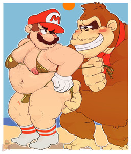 anthro belly big_butt big_hands bikini blush body_hair butt butt_grab butt_hair clothed clothing clothing_pull crossdressing dominant duo erection erection_under_clothing feet footwear gloves gold_bikini grope hairy hand_on_butt handwear looking_back male male/male moobs muscular overweight prehensile_feet size_difference slightly_chubby smile smirk socks swimwear toes two-piece_swimsuit undressing beefkek donkey_kong_(series) mario_bros nintendo donkey_kong_(character) mario ape gorilla haplorhine human mammal primate hi_res
